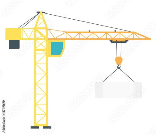 Yellow construction tower crane lifting a white rectangular with a hook and cables