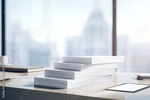 Wallpaper Mural stack of branded papers mockup on office desk, blank letterhead design, natural daylight, clean corporate environment Torontodigital.ca