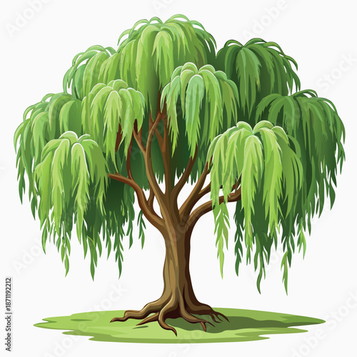 A lush green willow tree with long, drooping leaves 