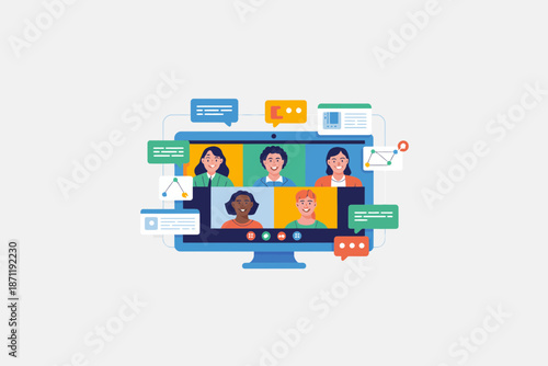 Virtual meeting with diverse participants collaborating on a digital platform.