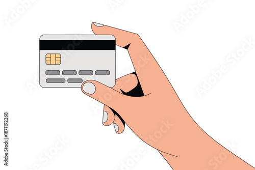 A hand holding a credit card on a white background