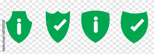 Shield check mark icon or security shield protection icon with tick symbol and info icon