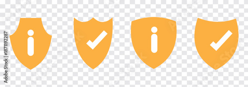 Shield check mark icon or security shield protection icon with tick symbol and info icon