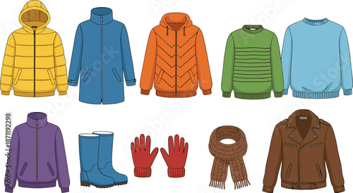Winter Clothing Vector Collection Featuring Colorful Jackets Parkas Sweaters Boots Gloves and Scarf for Cold Weather Fashion Design Element