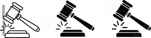 Set of black judge gavel icons and auction hammer symbols for law justice legal services and bidding isolated on white background