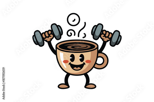 A cartoon coffee cup character lifting dumbbells with a happy expression