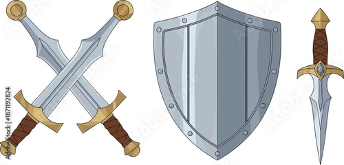 Medieval knight weapon set with crossed broadswords iron shield and sharp dagger for fantasy gaming and heraldry isolated on white background