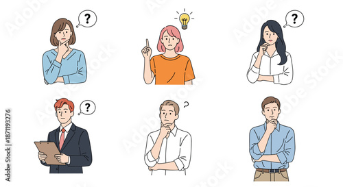 Diverse group of business people and students thinking with question marks and idea light bulb icons for problem solving concepts