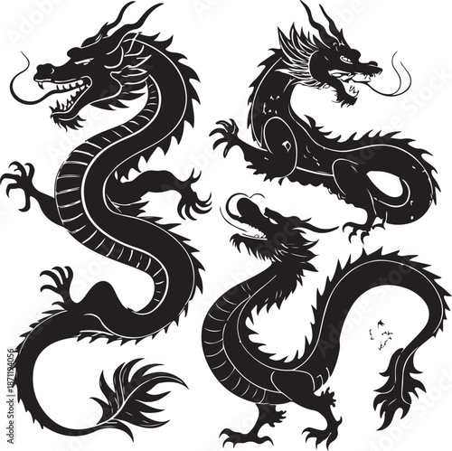 Majestic black dragons with intricate designs on white background