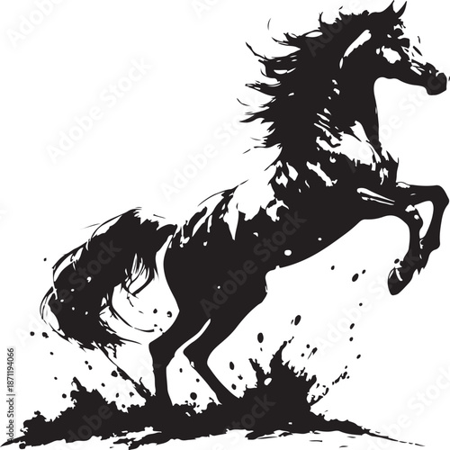 Majestic black horse rearing up with flowing mane and tail