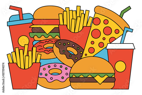A colorful illustration of various fast foods on a white background