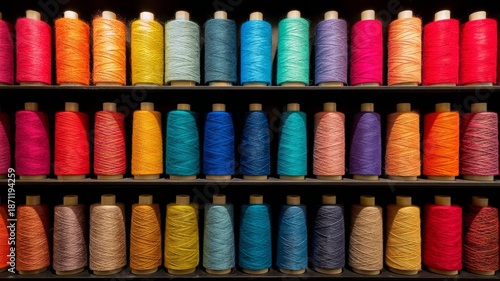 Assorted thread spools in vibrant colors on shelf. Artificial intelligence image