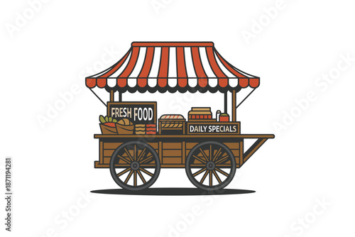A colorful illustration of a food cart with fresh produce and daily specials