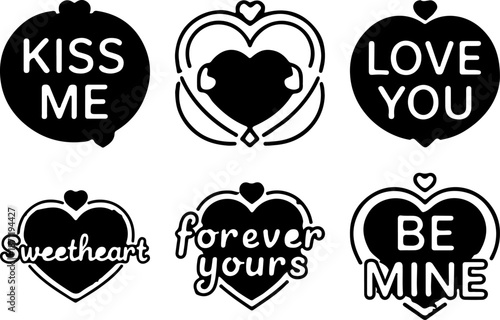 Romantic Heart-Shaped Love Quotes & Affectionate Phrases Icons Set