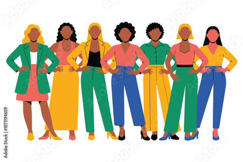 A diverse group of confident women standing together in colorful outfits