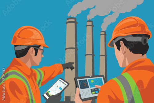 Two industrial workers in orange safety gear examining industrial plant operations