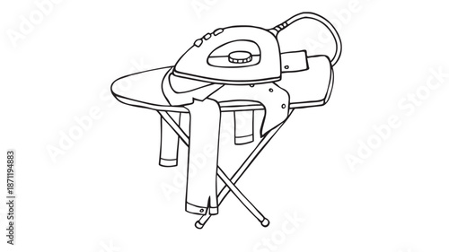 Stylized drawing of an ironing board and iron on transparent background silhouette