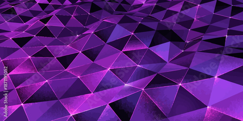 Vibrant purple geometric triangle pattern with glowing neon edges and luminous 3D polygon design
