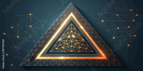 Stunning blue geometric triangle with glowing edges and futuristic network connections on technology background