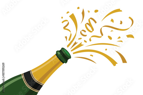 A champagne bottle popping with golden confetti on a white background