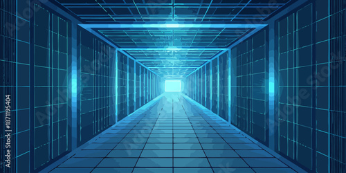 Futuristic blue neon grid corridor in modern server room data center with glowing lights