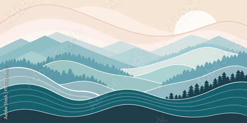 Serene layered mountain landscape with rolling hills evergreen trees and peaceful sunrise sunset scenery