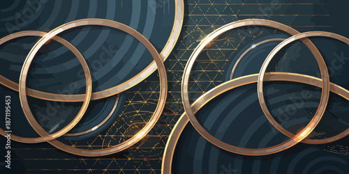 Luxury gold rings geometric abstract design on dark blue background with elegant metallic circles