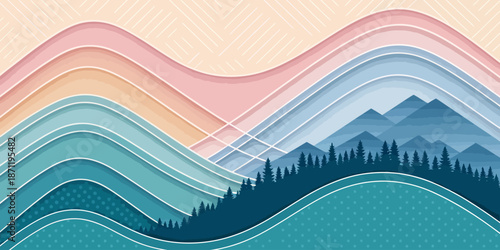 Vibrant layered mountain landscape with colorful hills trees and modern abstract geometric design illustration