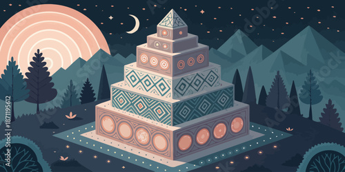 Vibrant geometric pyramid structure under starry night sky with colorful mountain landscape scenery