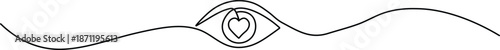 A minimalist one-line art illustration of an eye featuring a heart-shaped pupil, representing love, passion, and vision on a white background.