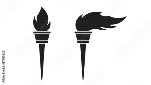 Two black torch icons with flame details on transparent background silhouette