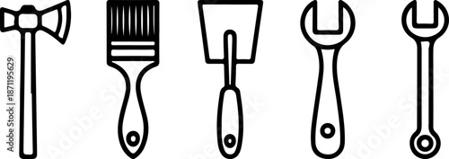 Simple line art icons of various hand tools