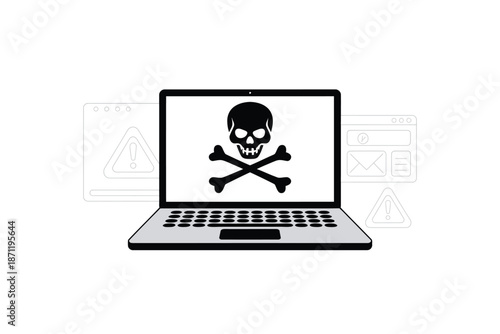A laptop computer displaying a warning sign with a skull and crossbones on the screen
