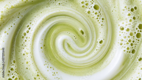 Swirling matcha foam in glass, top view. Artificial intelligence image
