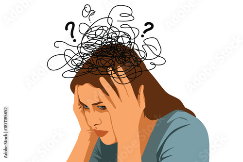 A frustrated woman with a confused expression and tangled thoughts