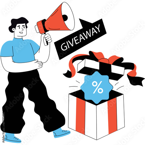 Man announces giveaway with megaphone and gift box with percentage discount