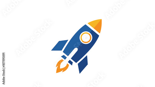 A blue and orange rocket soaring upwards against a plain white background