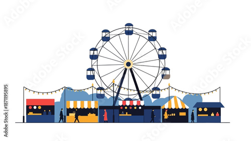 A vibrant carnival scene with a giant Ferris wheel and colorful stalls at dusk from a distant viewpoint.