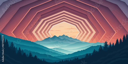 Mountain landscape with futuristic hexagonal tunnel framing sunset view in vibrant surreal scenery