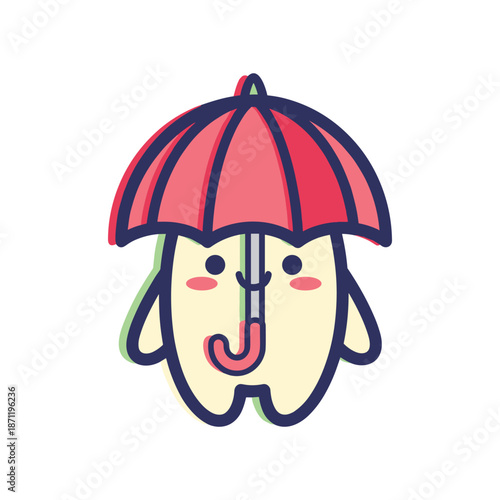 Tooth Character with Umbrella Vector Illustration