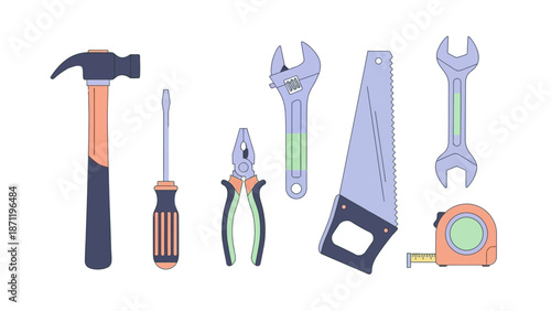A collection of various tools including a hammer, screwdriver, pliers, wrenches, saw, and tape measure on a white background.