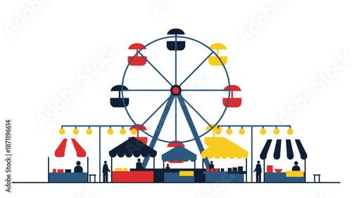 A vibrant illustration of a Ferris wheel at a lively fairground with colorful tents and stalls