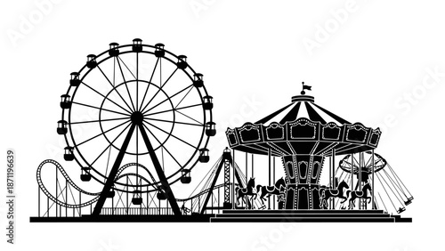 A vibrant illustration of a merry-go-round and ferris wheel at an amusement park on a sunny day from a distant viewpoint