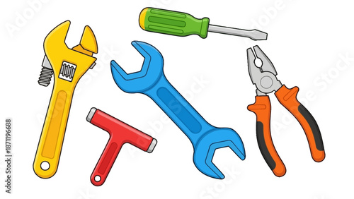 Assorted tools including adjustable wrench, screwdriver, and pliers displayed on a white background.