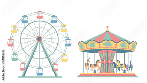 Colorful carousel and Ferris wheel at a vibrant fairground scene illustration