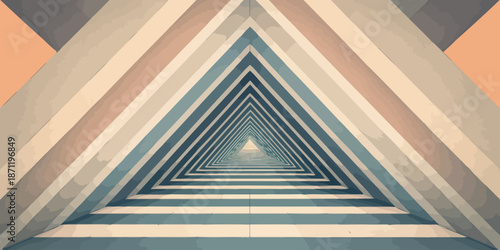 Vibrant geometric triangle tunnel with blue orange gradient leading to bright light perspective