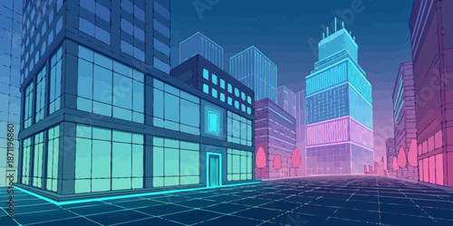 Neon lit futuristic cityscape with glowing skyscrapers and cyberpunk architecture at night