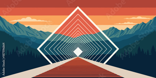 Mountain landscape with geometric white pathway tunnel leading through vibrant sunset scenery