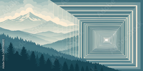 Futuristic mountain valley landscape with geometric tunnel vision and layered depth perspective