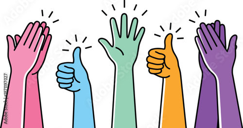 Celebration gesture icon set, colorful hands, clapping, thumbs-up, raised palms, motion lines, vector graphics, encouragement theme